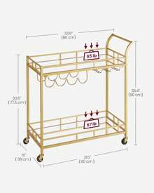VASAGLE Drinks Trolley, Gold Bar Cart, Serving Trolley With 2 Mirrored Shelves, Wine Holders, Glass Holders, For Home Bar, Kitchen, Dining Room, Gold - Gold - View 3