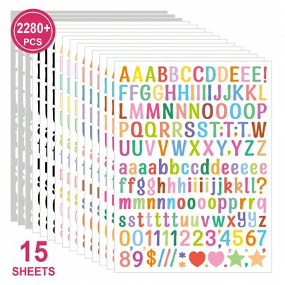 Conjunto de 15 folhas, 2.280 peças, 1,27 cm, adesivos de alfabeto digital para decoração Gukka, capa para cartão decorativo colorido, adesivos de alfabeto artístico, suprimentos para diário, adesivos de letras decorativas, decorações de arte e artesanato DIY, decoração de álbum de fotos e scrapbook (adicione adesivos de letras prateadas), material escolar, volta às aulas