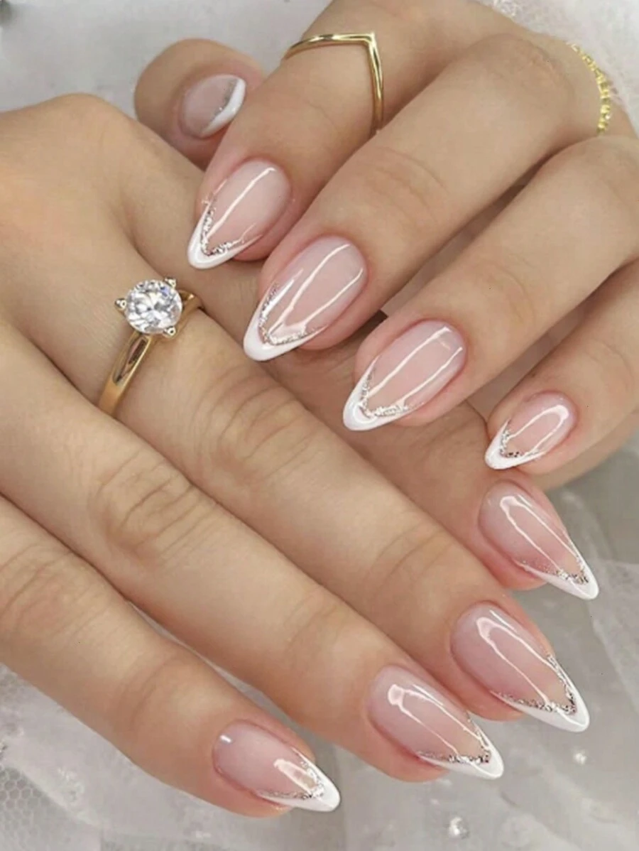 換個指彩，24入組黑色法式和閃粉假指甲，中等長度杏仁形狀，適合女性和女孩的日常穿戴，即貼美甲用品 - 白色 - 查看 1