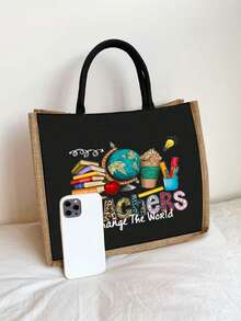 Túi đeo vai có họa tiết in chữ phong cách và thiết thực Túi mua sắm nhẹ Túi tote in hình giáo viên dễ thương Túi đựng đồ trang điểm nhẹ và đồ dùng du lịch cần thiết - Món quà sinh nhật hoàn hảo cho phụ nữ và khách du lịch - màu đen - Xem 3