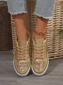 Women's Gold Shiny Sparkle Flat Shoes, Lightweight, Comfortable, Breathable, Fashionable Casual Sports Shoes