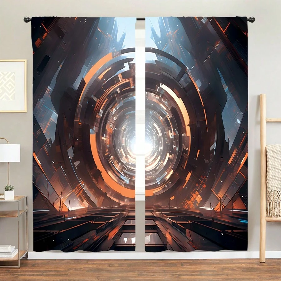 2片現代動漫風格科技湖泊橘色天際線可愛卡通貓卡通鐵路綠色鄉間夢幻閃閃發光月光金屬質感全季節使用聚酯纖維遮光窗簾，配有窗簾袋，適用於家居客廳臥室廚房餐廳咖啡廳門廊