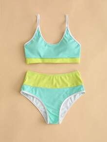 Women Color Blocking Vacation Style Casual Bikini Set With Backless, Vacation Swimwear Summer - Mint Green - View 3