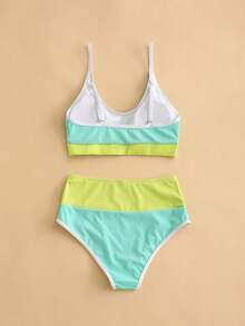Women Color Blocking Vacation Style Casual Bikini Set With Backless, Vacation Swimwear Summer - Mint Green - View 4