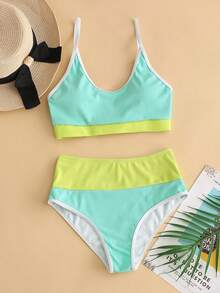 Women Color Blocking Vacation Style Casual Bikini Set With Backless, Vacation Swimwear Summer - Mint Green - View 5