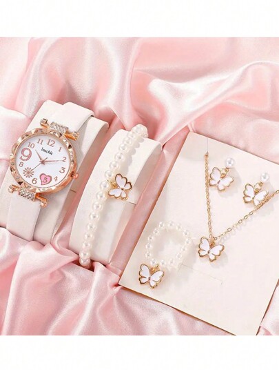 Set de 6 relojes de cuarzo con correa, con diseño de esfera minimalista con corazón y números árabes, incluye accesorios de mariposa, adecuado como regalo de cumpleaños u Halloween