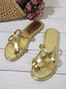 Zapatillas doradas planas para mujer, casuales, elegantes, versátiles y cómodas para usar en interiores, exteriores y en la playa - Dorado - Ver 6
