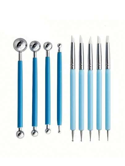 9 Strumenti per incisione, inclusi 5 strumenti di indentazione bidirezionale per un totale di 10 strumenti di indentazione in silicone fai-da-te e argilla ceramica diversi e 4 strumenti a doppia testa in metallo a palla, strumento di scrittura a mano in palla di argilla ceramica con pennello per dipingere a punti, per rocce, unghie, miscelazione, pittura, modellazione Strumenti di rilevamento in ceramica