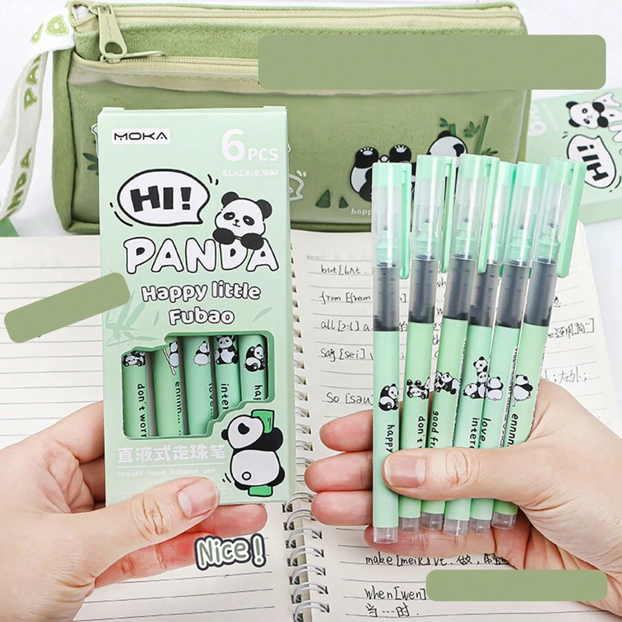 6pcs/Box Hi Panda Black 0.5mm Straight Liquid Gel Pen For Students & Office Workers - Green - View 1