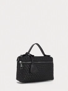 DK DKMG 1pc PU Faux Woven Handbag, Fashionable Zipper Design Lightweight Shoulder Bag, Suitable For Women, Daily Use & Gift-Giving, Great For Mother's Day - Black - View 4