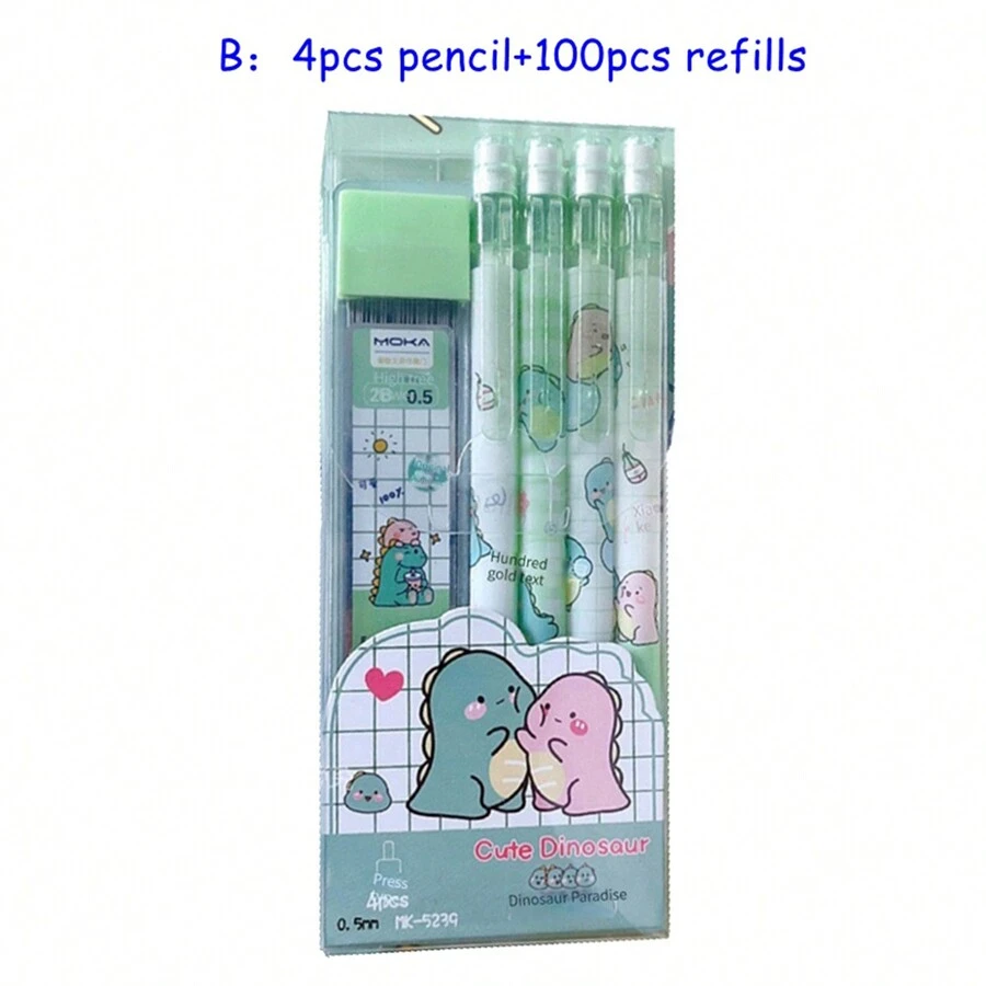 5入組機械鉛筆套裝0.5mm 2B填充可愛卡通自動鉛筆學校辦公用品兒童禮物文具卡哇伊恐龍 - 綠色 - 查看 1