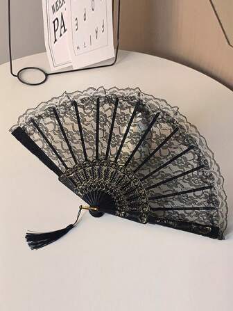 1pc French Style Fashionable Vintage Lace Fringe Folding Fan, Summer Portable Dance Fan Halloween