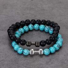 Set de 2 pulseras con mancuernas de aleación de moda para hombres y mujeres - Regalo perfecto para entusiastas del fitness y parejas - pulsera de cuentas - Ver 8