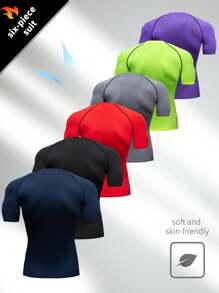 6 Packs Boyfriend Style Men Sports Fitness Compression Short Sleeve Top Base Layer Shirt Sweat-Wicking Breathable Running Training Work Outfits In Solid Colors - Black - View 2