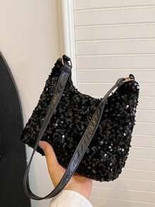 Túi xách phổ biến dành cho nữ Thời trang mới phiên bản Hàn Quốc của mạng Túi xách màu đỏ Sequin 100 Vai Túi vuông nhỏ - màu đen - Xem 2