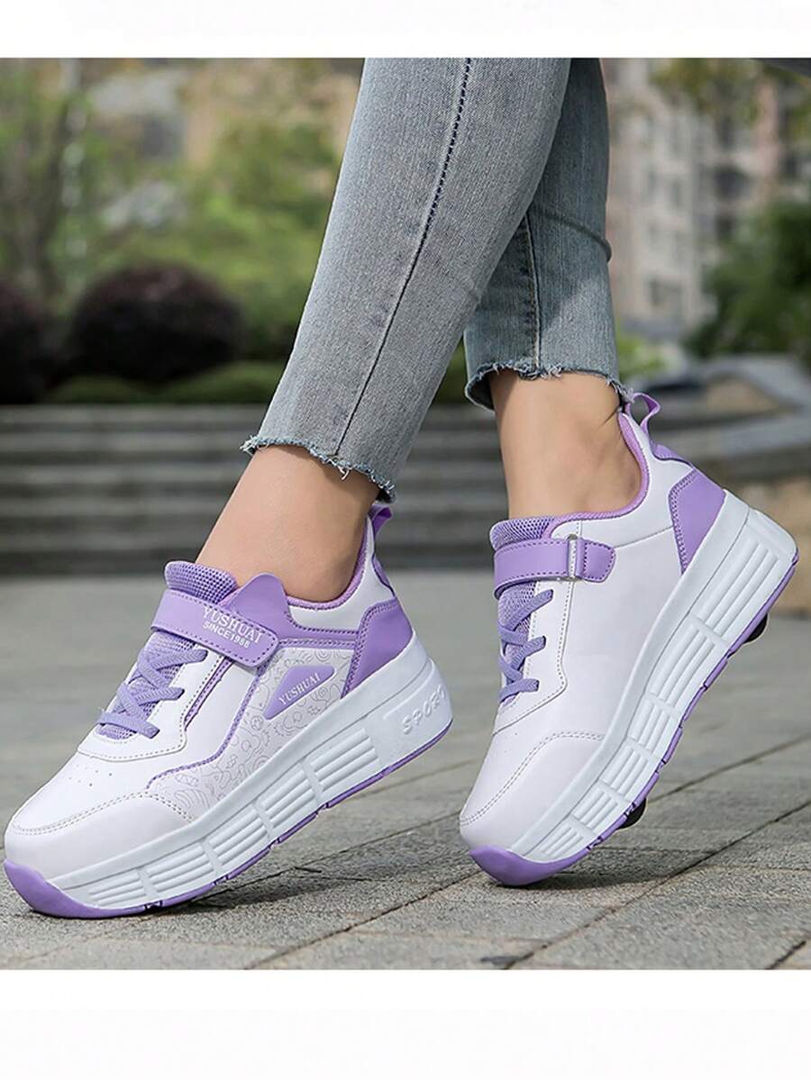 Student Double Wheel Rear Button Retractable Roller Skate Shoes, Female