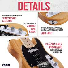 LyxPro 30" Telecaster Electric Guitar, TL Series, Full-Size Paulownia Wood Body, 3-Ply Pickguard, C-Shape Neck, Ashtray Bridge, Quality Gear Tuners, 3-Way Switch & Volume/Tone Controls, 2 Picks Included - 自然的 - 查看 3