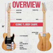 LyxPro 30" Telecaster Electric Guitar, TL Series, Full-Size Paulownia Wood Body, 3-Ply Pickguard, C-Shape Neck, Ashtray Bridge, Quality Gear Tuners, 3-Way Switch & Volume/Tone Controls, 2 Picks Included - 自然的 - 查看 6