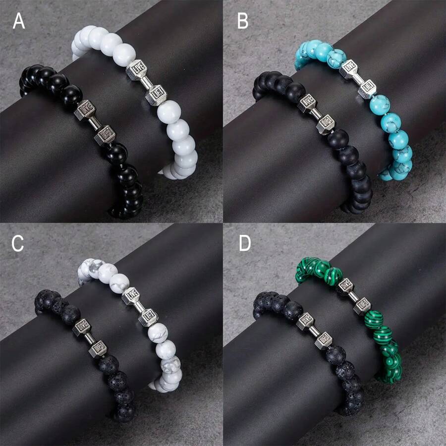 Set de 2 pulseras con mancuernas de aleación de moda para hombres y mujeres - Regalo perfecto para entusiastas del fitness y parejas - pulsera de cuentas - Ver 1