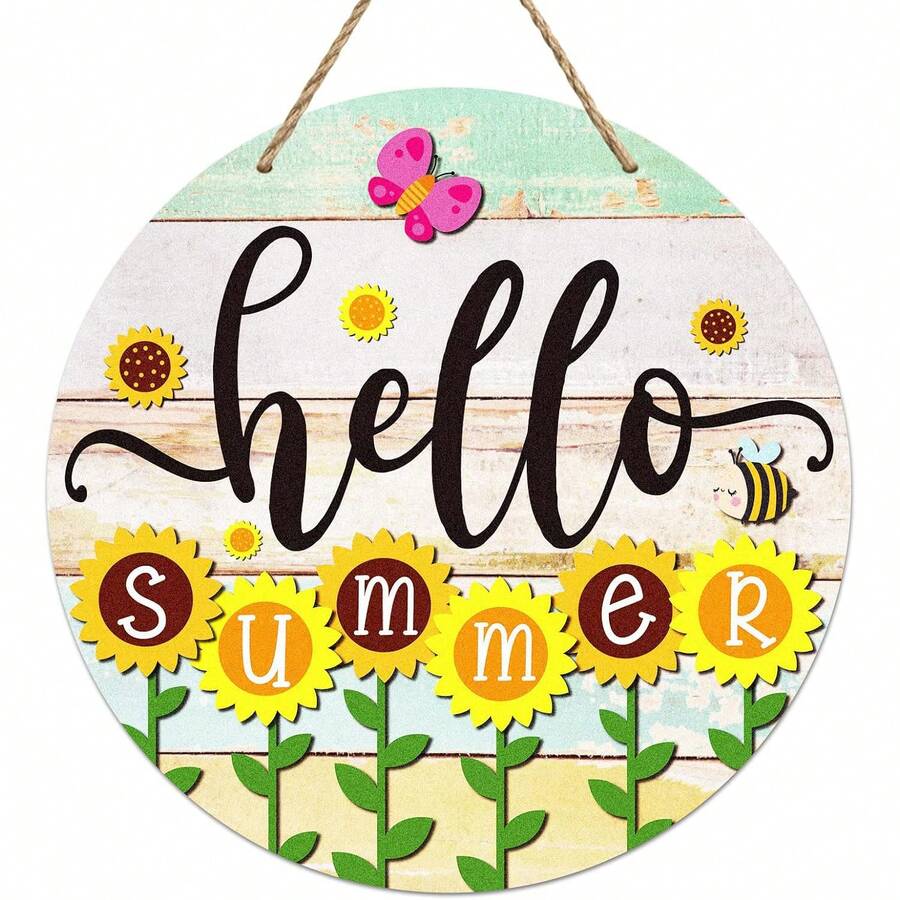 Hello Summer Door Sign Farmhouse Sunflower Summer Front Door Decor Sign Welcome Summer Hanging Sign For Home Wall Front Door Kitchen Office Decorations - Yellow - View 1
