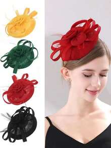 1pc Bow Shaped Floral Headpiece, Feather Imitation Linen Hair Accessory, Hair Hoop, Hair Clip Dual-Purpose Top Hat - A - View 6