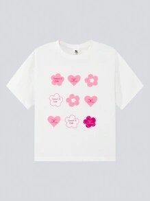 zosee Camiseta de Manga Curta para Meninas com Estampa de Coração e Flores, Branca, Roupas de Verão 2024 para Meninas, Camiseta de Meia Manga para Meninas