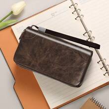 CUIKCA Ví Da Sáp Dầu Dây Kéo Đôi Ly Hợp Điện Thoại Da Dài Ví Cầm Tay Kinh Doanh Túi Cầm Tay Đựng Thẻ Ví Du Lịch Dành Cho Nam - màu đen - Xem 12