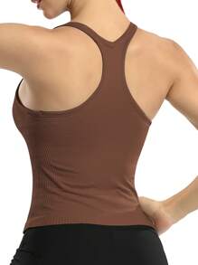 女式圆领纯色运动背心带胸垫 - 1 件 - 棕色 - 查看 2