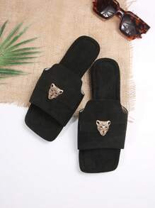 2024 Summer Fashion Tiger Head Buckle Slip On Flat Mule Sandals, Retro Open Toe Valentines - Black - View 4