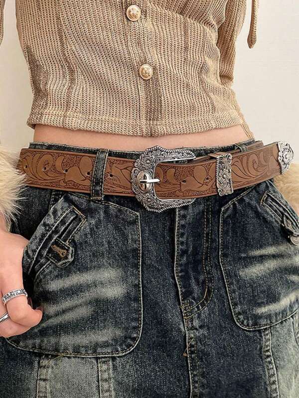 1pc Women's PU Belt, Embossed Western Style Cowgirl Rock-Inspired Vintage Buckle, Fashionable Everyday Women's Leather Belt Halloween Summer, School