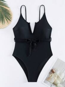 Costume da bagno intero da donna per vacanze alle terme, controllo addominale, scollo a V profondo, stile canottiera sexy estivo - nero - Visualizzare 6