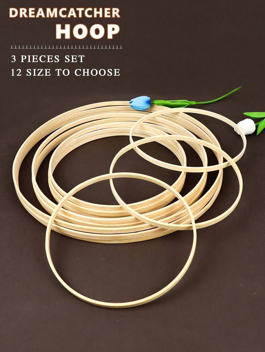 Conjunto de 3 bastidores de bordado em ponto cruz bege feitos à mão, feitos de bambu, usados para apanhador de sonhos, penas, gramado externo, decoração de casamento, parede de sala, decoração de quarto, sino de vento, anel interno com pingente estilo Mori, moldura de ornamento de tecelagem com pingente para presente de festival.