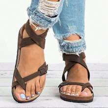 Women's Strappy Non-Slip Cross Strap Flat Sandals, Outdoor Sandals Footbed With Cork Sole Adjustable Buckle - Brown - View 3