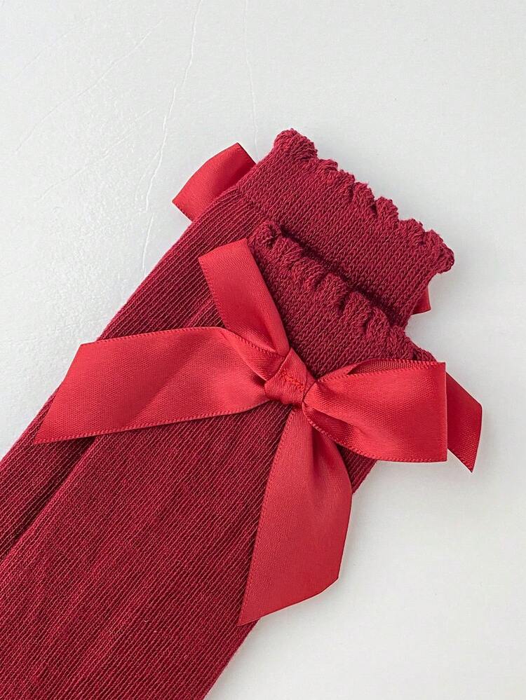 Calcetines altos para bebé y niño pequeño de primavera y otoño con lindo moño, calcetines de princesa para bebé niña con boca holgada - Burdeos - Añade 5