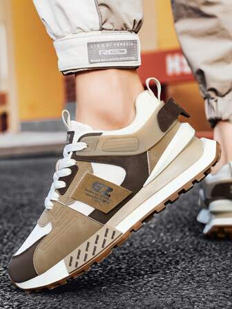 Color Block Thick Sole Men Dadcore Sneakers, Fashionable Breathable Comfortable Athletic Shoes, Lace Up High Increase Height Running Shoes For Outdoor Valentines