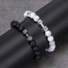 Set de 2 pulseras con mancuernas de aleación de moda para hombres y mujeres - Regalo perfecto para entusiastas del fitness y parejas - pulsera de cuentas - Ver 3