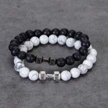 Set de 2 pulseras con mancuernas de aleación de moda para hombres y mujeres - Regalo perfecto para entusiastas del fitness y parejas - pulsera de cuentas - Ver 7