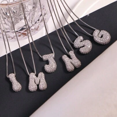 1入款銀色立方體女式首字母項鍊，26個字母客製化名稱項鍊魅力珠寶