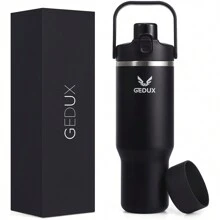 32 Oz Stainless Steel Tumbler With Handle And Straw, Vacuum Insulated Water Bottle With 2-In-1 Lid (Chug Lid/Straw Lid) And Silicone Boot, Cupholder Friendly Gifts For Women And Men - 黑色 - 查看 1