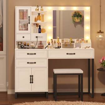 Makeup Vanity Desk With Lighted Mirror And Charging Station, Makeup Stool, Vanity Table Set With Glass Top Storage Drawer