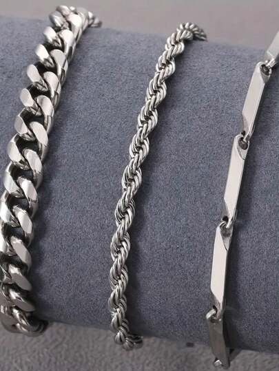 2/3pcs/Set Stylish Stainless Steel Minimalist Silver Bracelet Set For Men's Daily Use Festive Jewellery