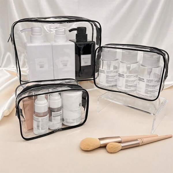 Set de 3 bolsas de tocador transparentes y impermeables, bolsa de cosméticos de gran capacidad para viajes, práctica para transportar, bolsa de almacenamiento multifuncional adecuada para productos de cuidado de la piel, toallas, juguetes y artículos de primera necesidad, organizador de maquillaje, estuche de maquillaje, organizador de artículos de tocador de viaje, almacenamiento de accesorios con cremallera