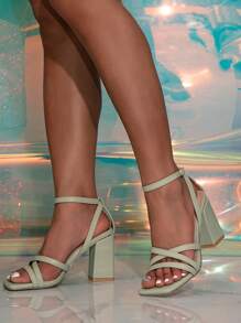 Women's High Heel Sandals, Mint Green, Chunky Heel, Square Toe, Evening High Heel Sandals For Summer, White, Brown, Beige, Black, Blue, Red, Khaki - Green - View 6
