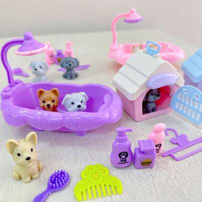 Children Miniature Pet House Role-Play Toy (Accessories Color Random) Dog/Cat/Bear Bathing, Amusement Park Set, Pretend Play House Furniture For Giving Pets A Bath, Villa Dollhouse Accessories, Kindergarten Gift For Children Day,Home Decoration,Room Decoration