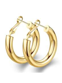 1 Paire De Boucles D'oreilles Créoles Rondes Audacieuses Pour Femmes, Plaquées Or, Conception Cylindrique En Acier Inoxydable