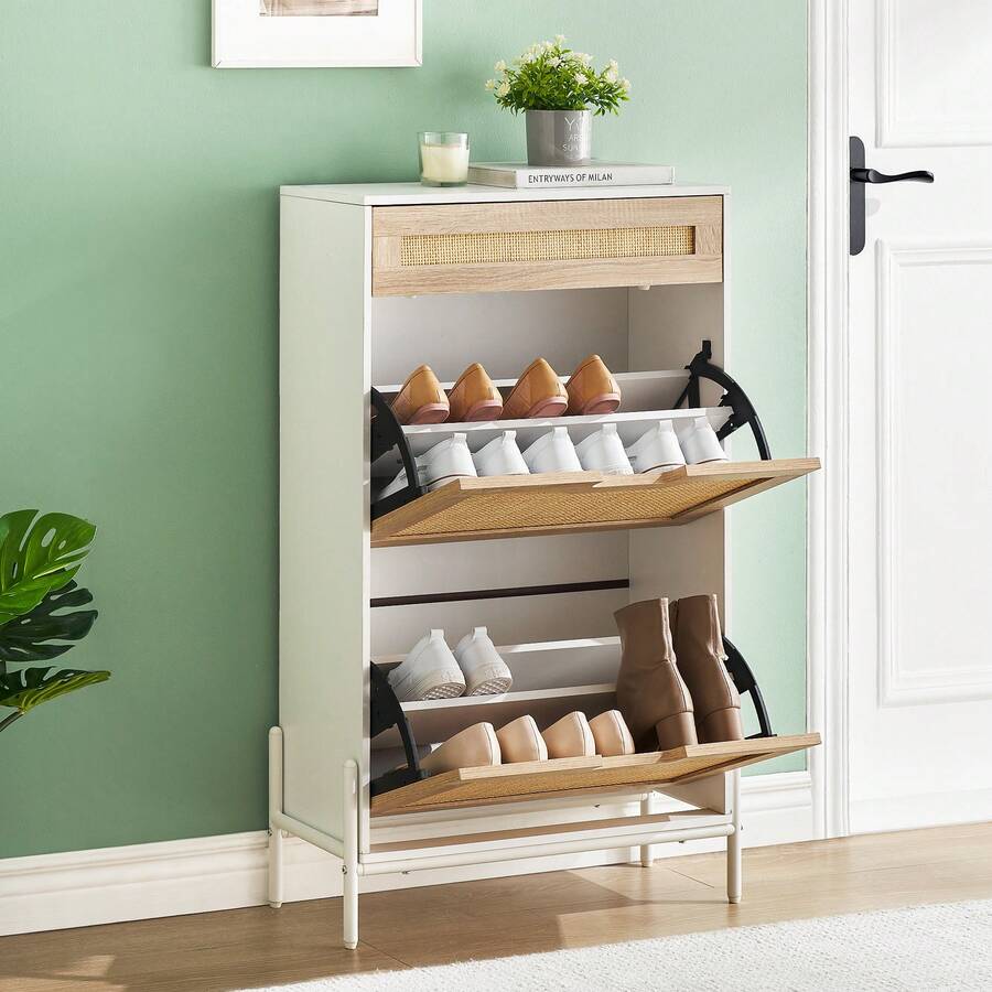 CuisinSmart Rattan Shoe Dresser, Entryway Boho Shoe Cabinet With 2 Flip Drawers, Shoe Cabinet Storage With Hidden Drawers And Open Shelves For Hallway, Living Room - White - View 1