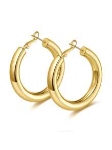 1 Paire De Boucles D'oreilles Créoles Rondes Audacieuses Pour Femmes, Plaquées Or, Conception Cylindrique En Acier Inoxydable