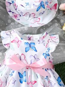 女嬰蝴蝶印花裙與帽套裝 - 可愛的飄逸袖裝，假日服飾 - 白色 - 查看 4