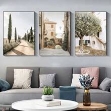 Set de 3 cuadros con lienzos que muestran paisajes rurales, montañas y olivos, estilo nórdico para decoración del hogar en sala de estar y dormitorio - multicolor - Ver 13