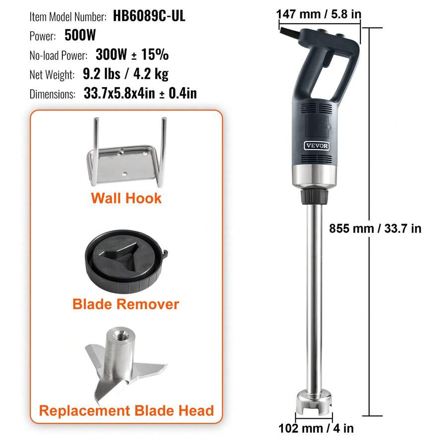 VEVOR Commercial Immersion Blender, 750W 20" Heavy Duty Hand Mixer